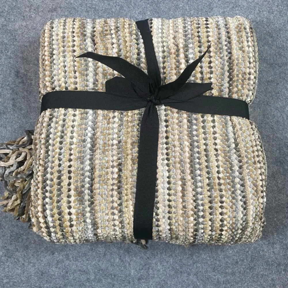 Vtg Brentwood Originals Neutral Stripe Chenille Throw Blanket Gray Beige Camel
